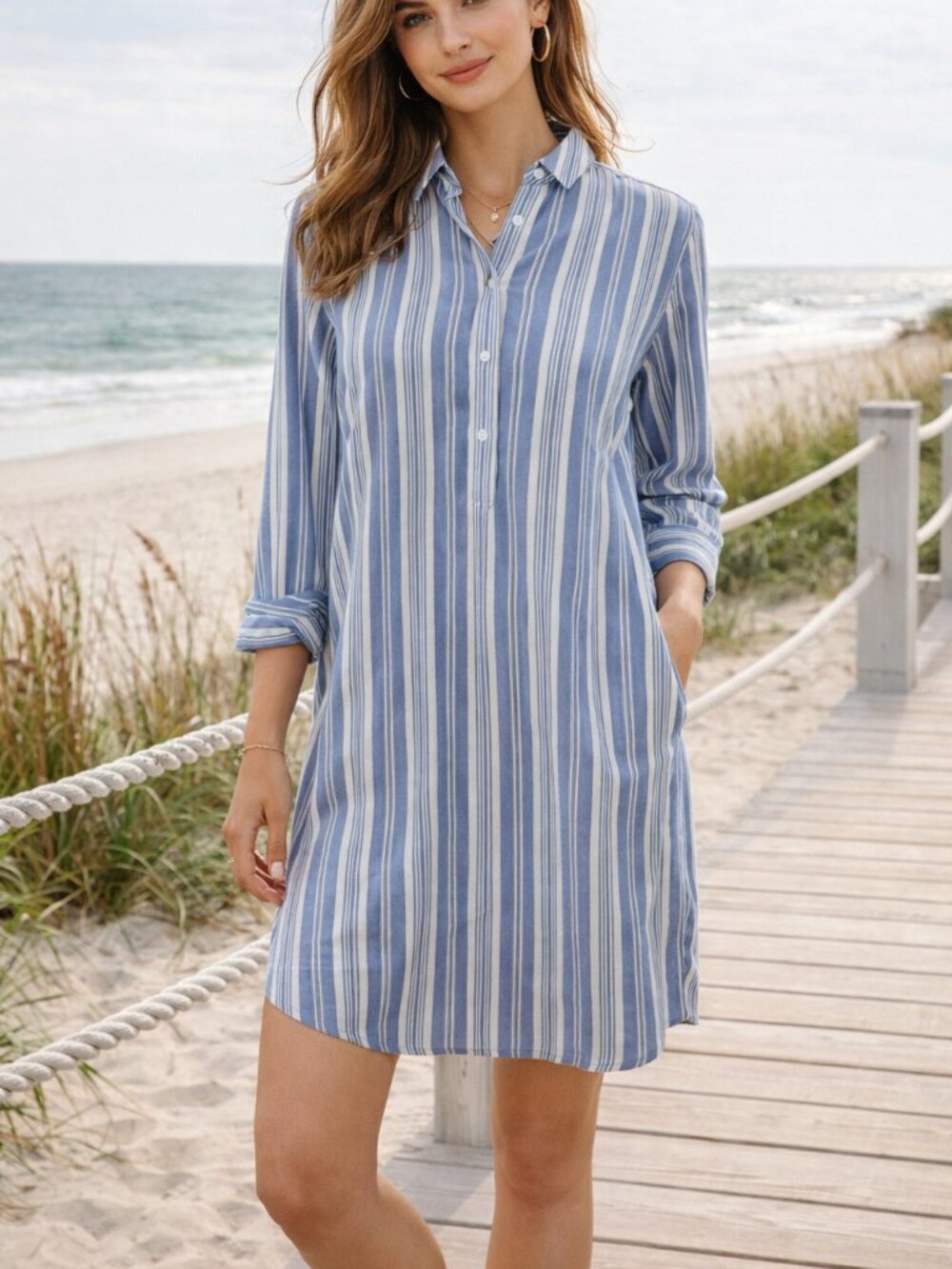 J. Jill Tunic Shirt Dress Long Sleeve Blue White Striped Women's Medium Petite - Picture 1 of 11